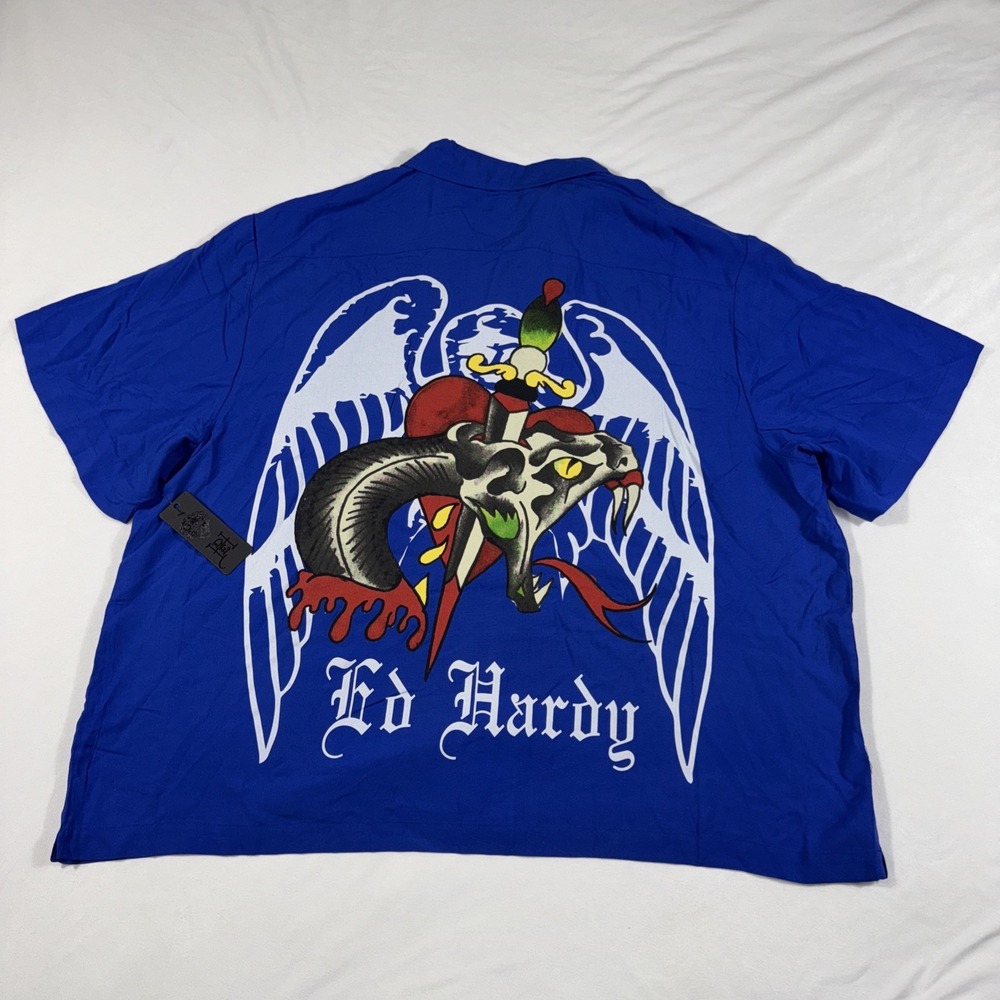 NWT Ed Hardy Mens XXL Pop Blue Tattoo Graphic Button Down Shirt 100% Viscose Y2K